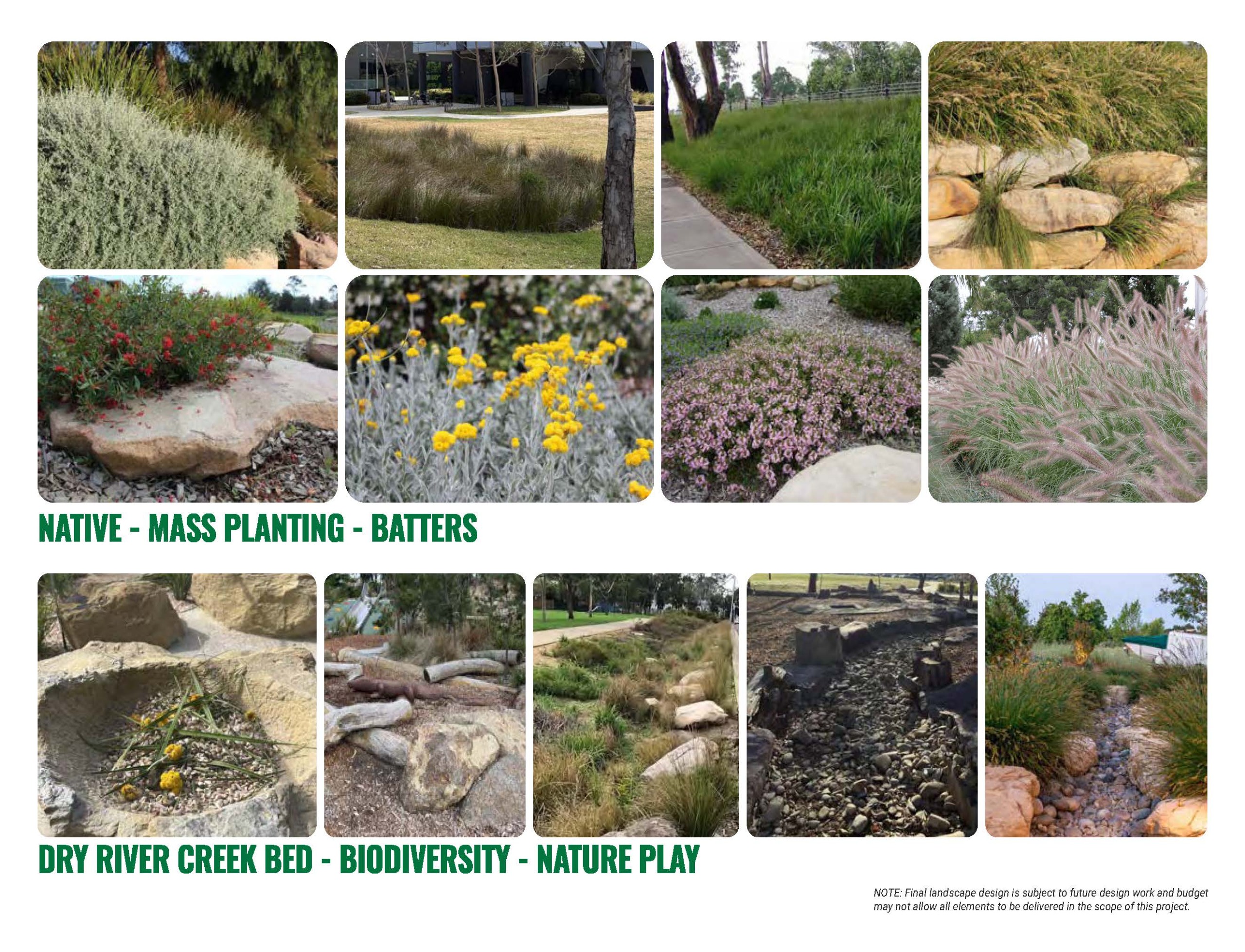 Imagery illustrating landscaping and environmental design elements for the proposed Cruickshank Park Pump Track. Images show mass native plantings, grasses, flowering groundcovers, rocks and boulders used for landscaping and habitat creation. Additional e