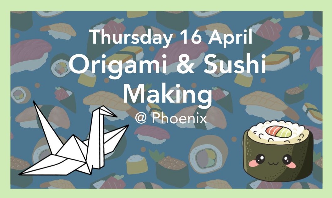 text stating origami and sushi making on a backdrop of animated sushi's