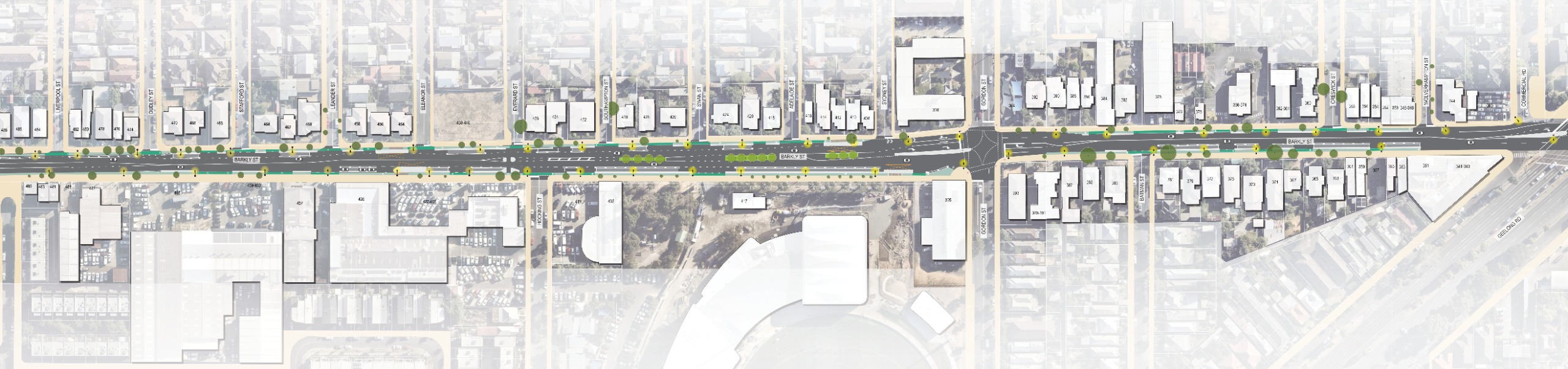 Aerial view of Barkly Street to Geelong Road showing the surrounding road network, buildings, open spaces and key local landmarks in Footscray/West Footscray.