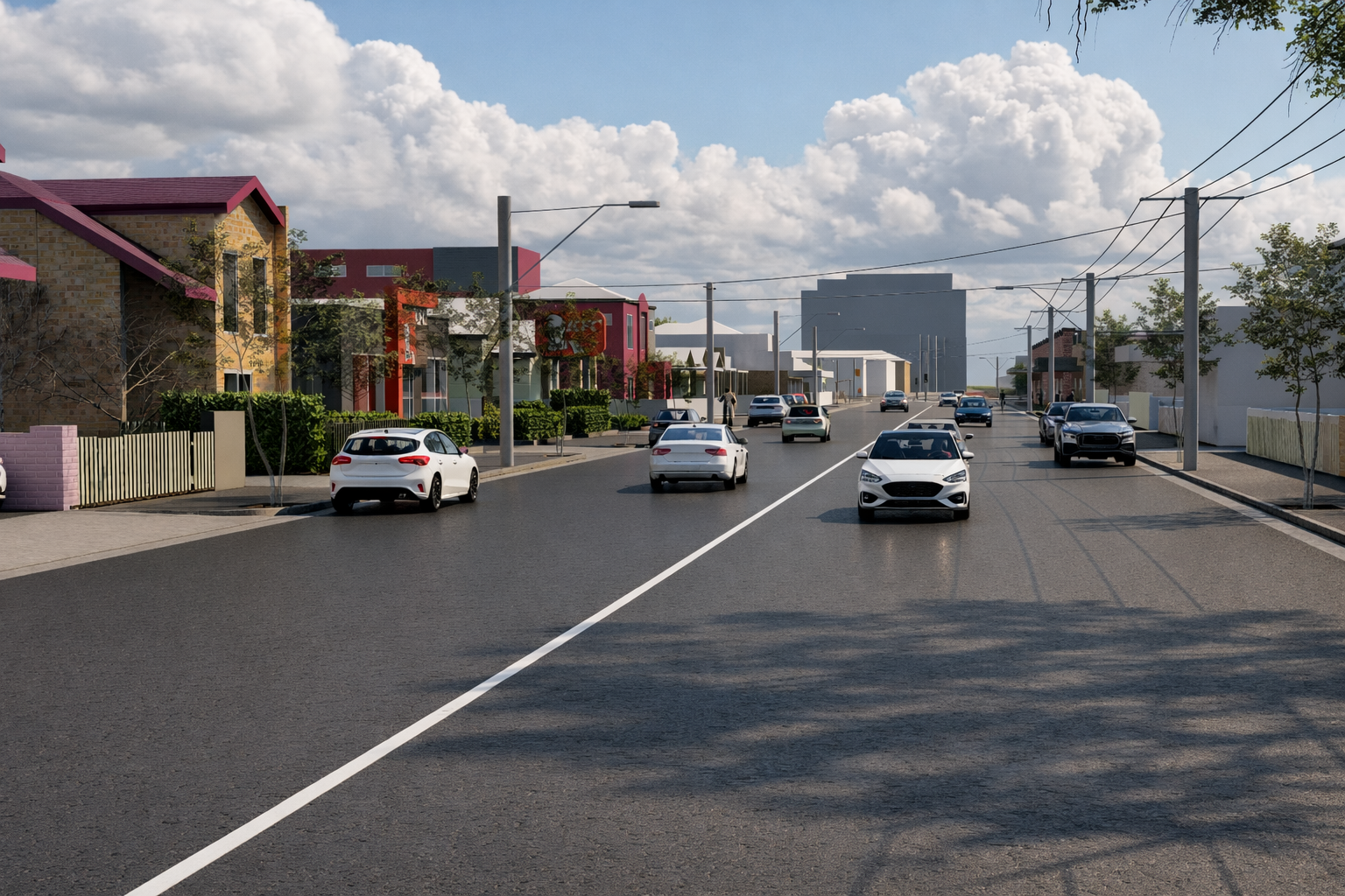 Existing conditions: Artist’s impression of Barkly Street in its current layout, showing vehicle traffic, on-street parking, footpaths and residential buildings, without protected cycling infrastructure.