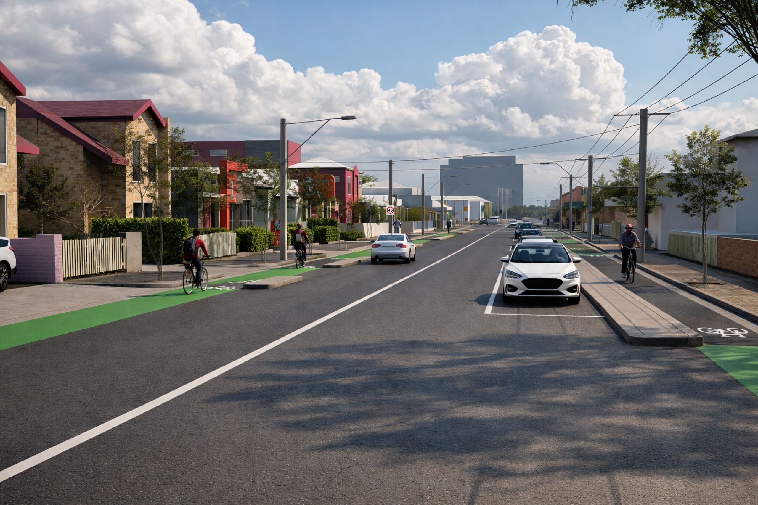 Artist’s impression of a redesigned Barkly Street (Gordon Street to Geelong Road) with protected bike lanes, on-street parking, street trees and improved pedestrian facilities. Cyclists and vehicles share the corridor, with traffic-calming features and upgraded streetscape elements.