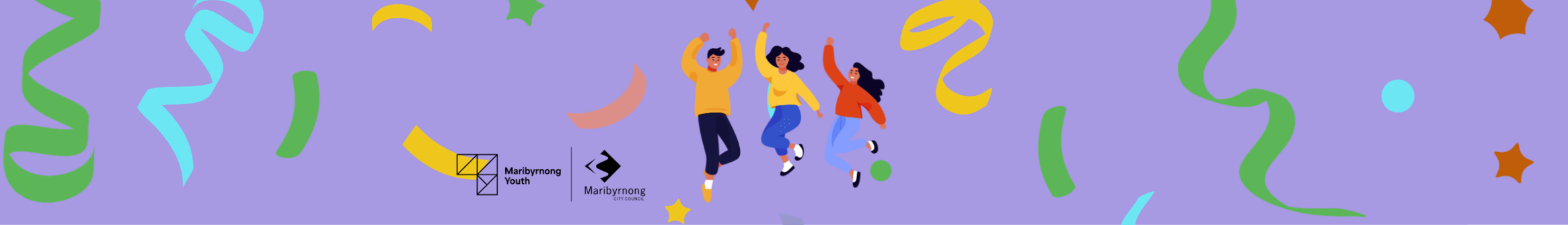 three people jumping with joy on a confetti background