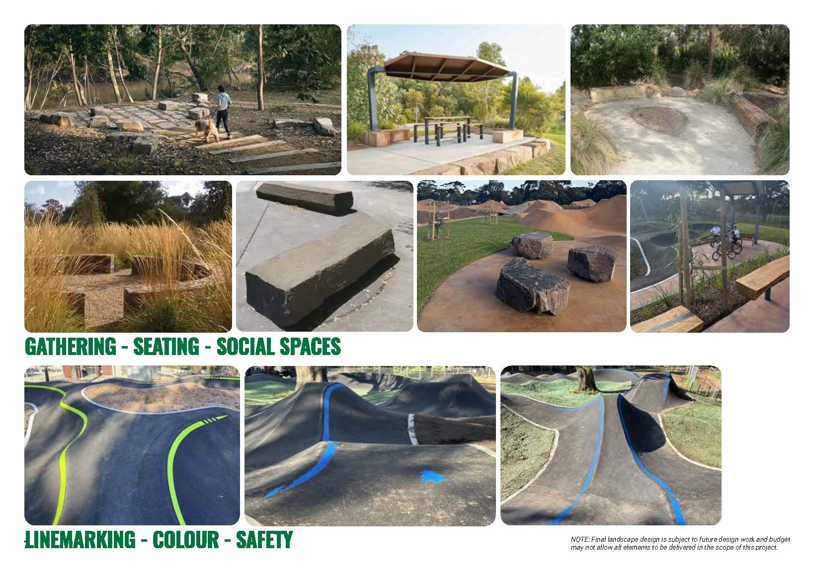 Imagery showcasing potential supporting elements for the proposed Cruickshank Park Pump Track. Images include nature play and gathering spaces, sheltered seating, informal stone seating, landscaped areas with native grasses, and viewing areas overlooking 