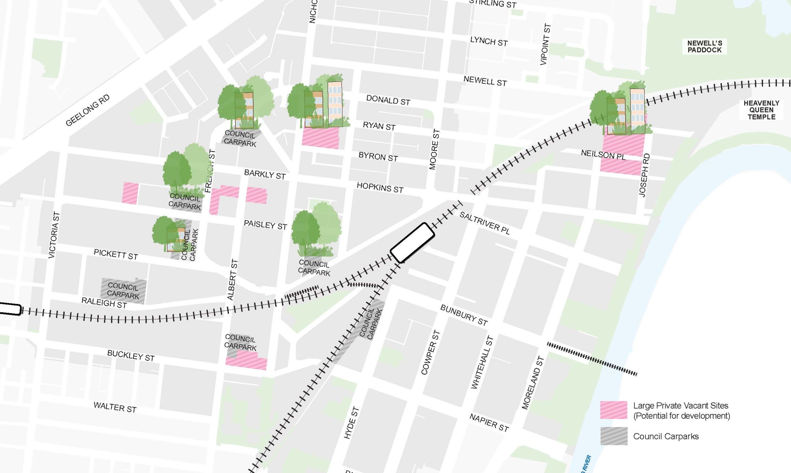 Map of central Footscray highlighting potential development opportunities and council carparks, with key streets, railway lines and the Maribyrnong River shown.