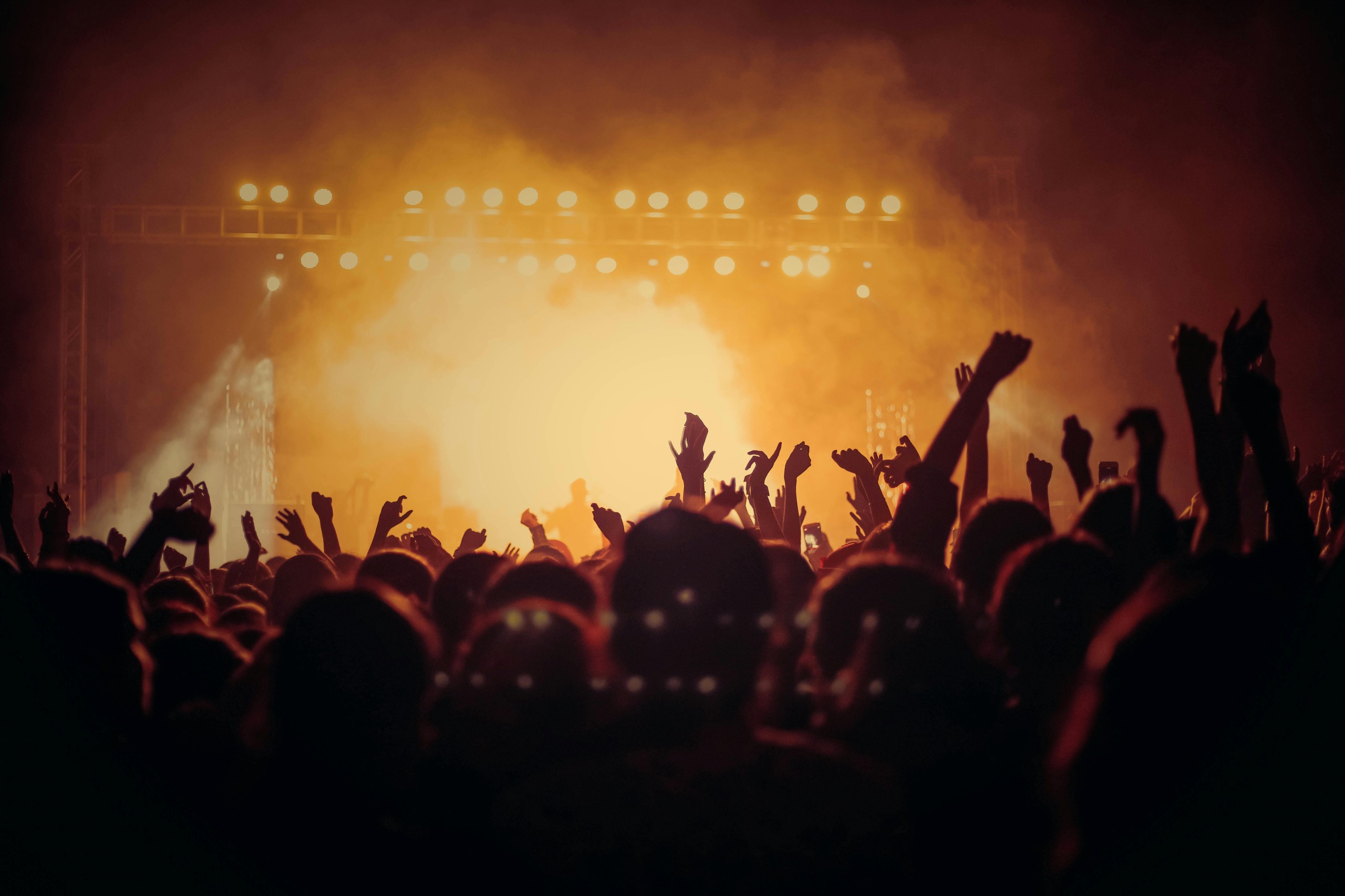 A crowd of young people at a music festival raising their hands in the air during a live concert performance.