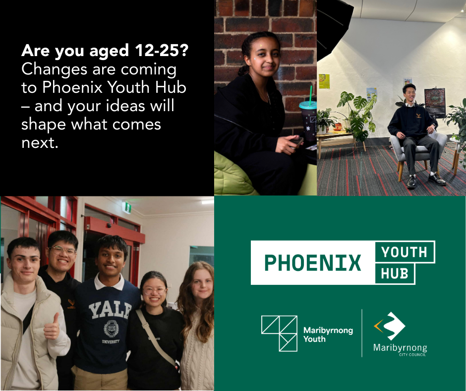 Postcard with text and images of young people smiling