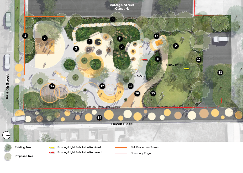 Concept plan of Raleigh Street Park showing proposed upgrades, including a basketball court, scooter and trike track, play equipment for ages 3 to 10, stepping logs, timber seating, a raised lawn area, planting, increased garden beds, teen and adult gathe