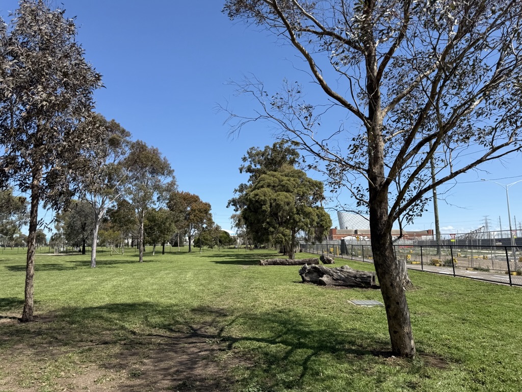 A grassy open space with scattered trees is bordered by a chain-link fence and a nearby industrial area under a clear blue sky.