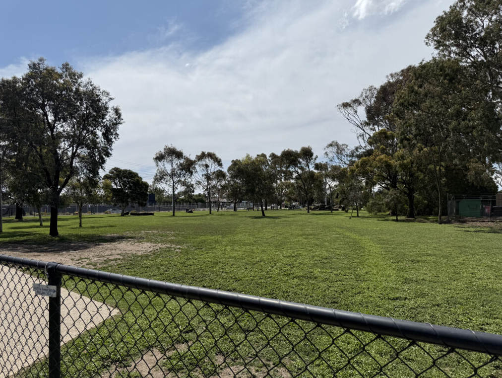 A large grassy dog park is enclosed by a black chain-link fence, with scattered trees and open space under a partly cloudy sky