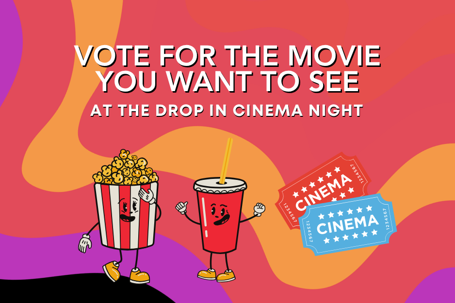 Illustration of popcorn, drink and cinema ticket dancing