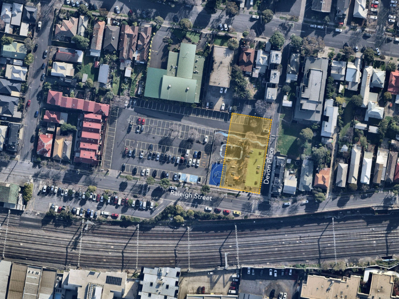 Proposed reconfiguration: Aerial view of the Raleigh Street car park. The existing park footprint is marked by a blue box.