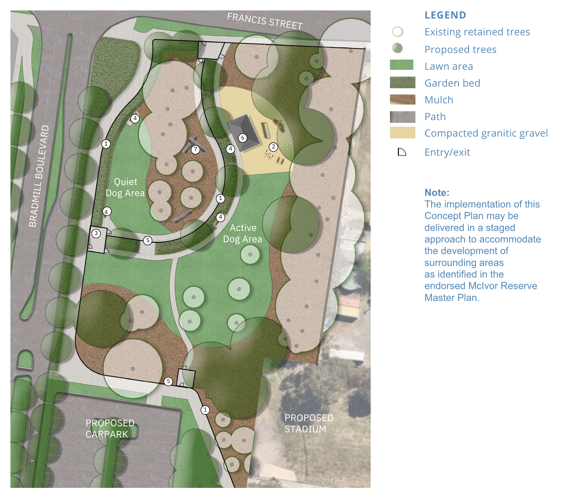 Concept plan of McIvor Dog Park showing two fenced areas labeled “Quiet Dog Area” and “Active Dog Area,” surrounded by trees, garden beds, paths, and lawn, with icons for features like dog agility circuit, drinking fountain, bench seats, shelter, and timb