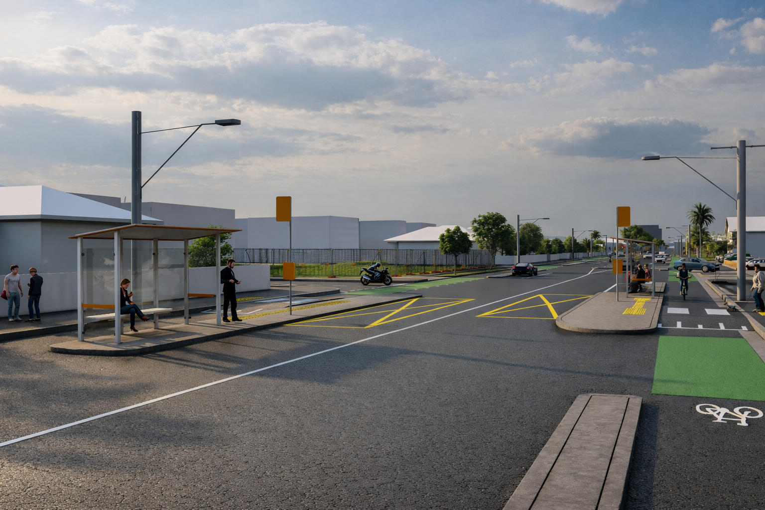 Artist’s impression of a redesigned Barkly Street with accessible bus stops on central islands, protected bike lanes, pedestrian crossings and upgraded streetscape elements.