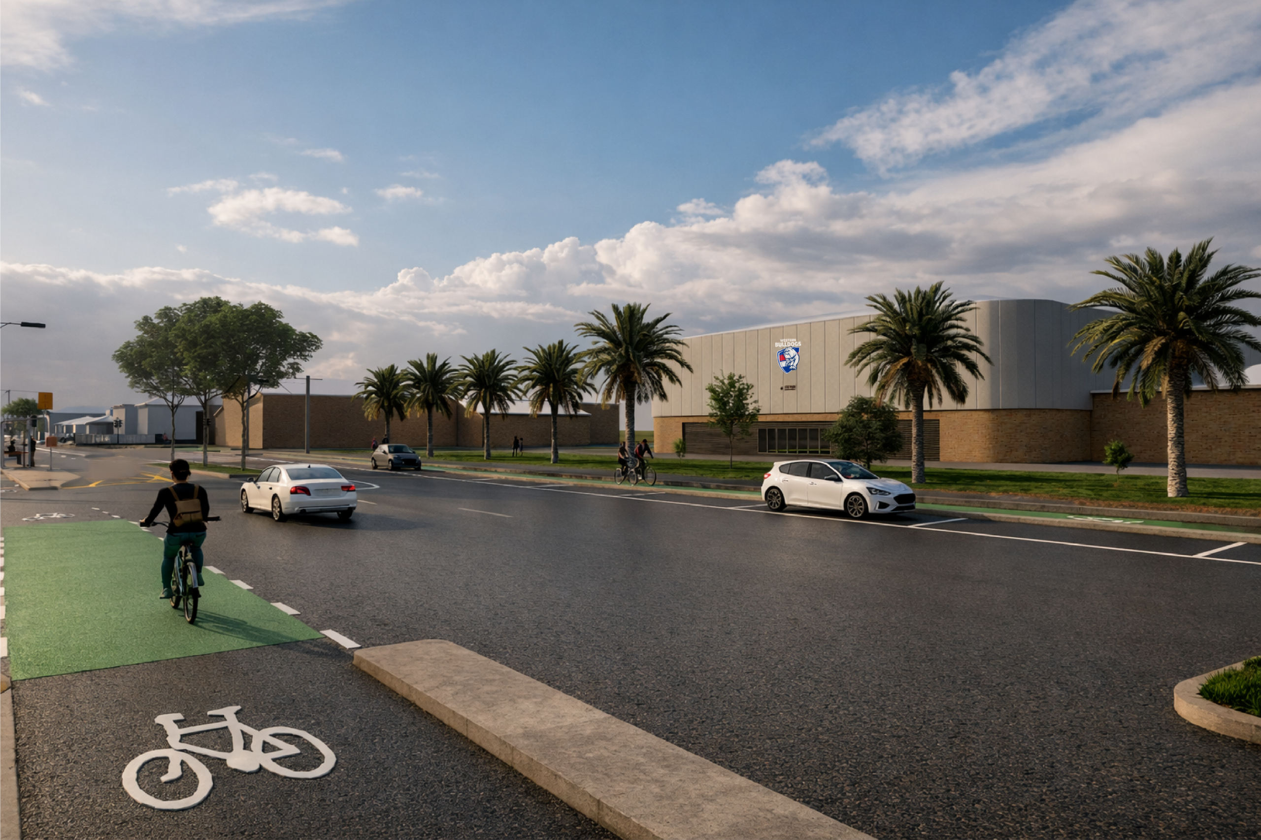 Artist’s impression of Barkly Street outside Whitten Oval, showing protected bike lanes, separated parking bays, street trees and improved cycling facilities alongside vehicle traffic.