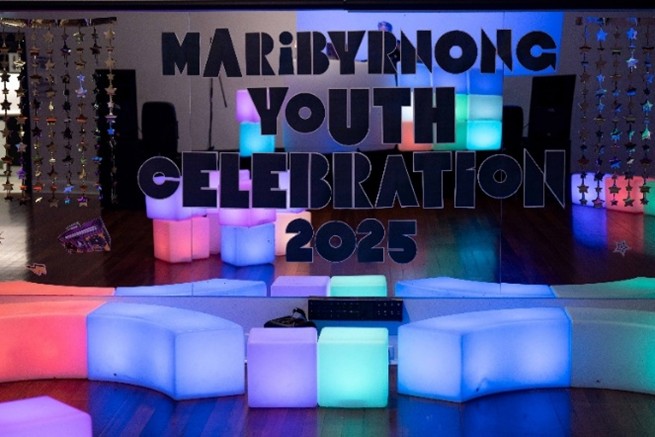 image of a mirror that had maribyrnong youth celebration written on it accompanied with light up furniture in different colours